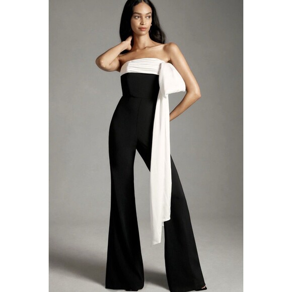 Anthropologie Hutch Jumpsuit Bow Front Black White Retro Preppy